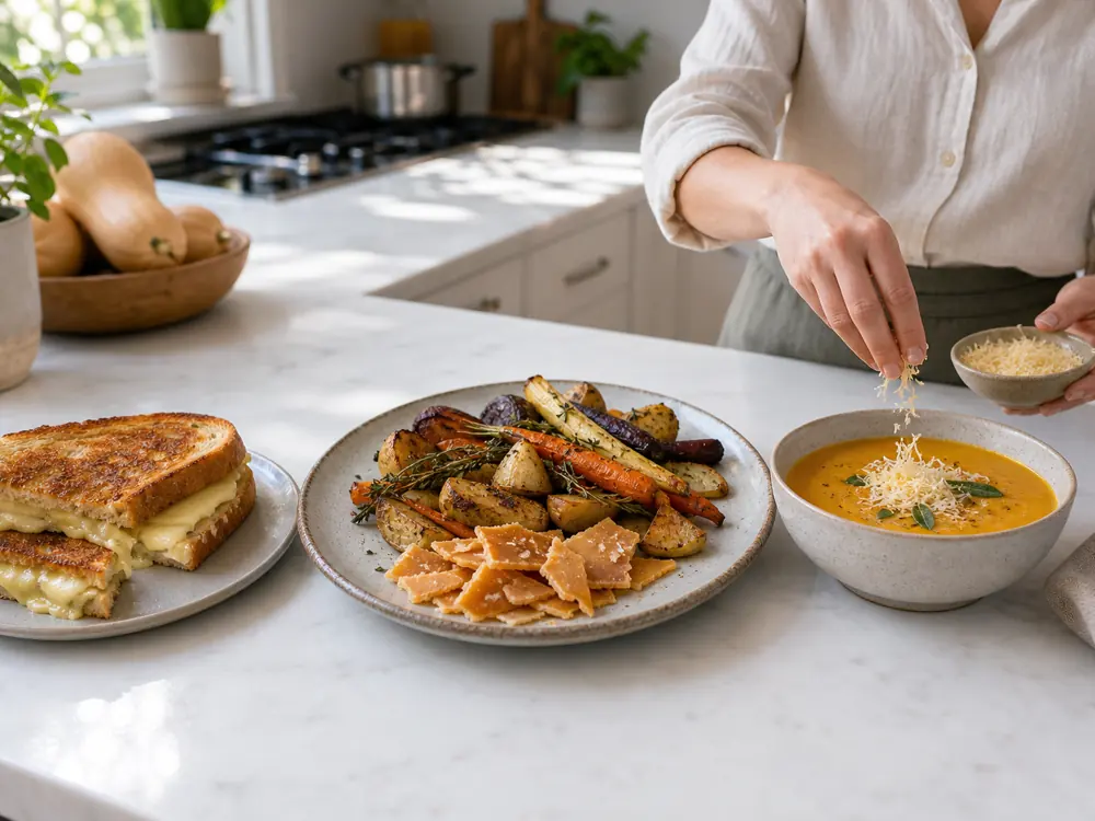 Young Coolea in toast mature shards with roots and grated Coolea over soup - Coolea | KnowTheCheese