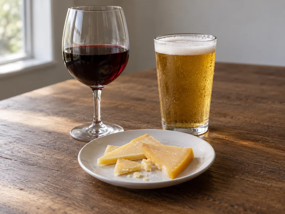 Illustration of a glass of red wine and a glass of pale ale beside slices of hard cheese - Coolea | KnowTheCheese