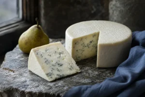 Cornish Blue wheel and creamy wedge with restrained blue veins | KnowTheCheese