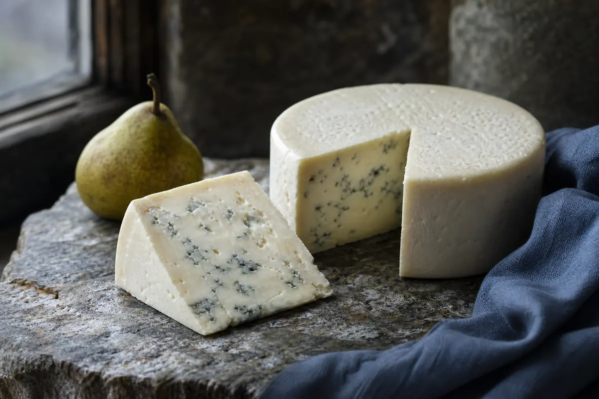 Cornish Blue wheel and creamy wedge with restrained blue veins | KnowTheCheese
