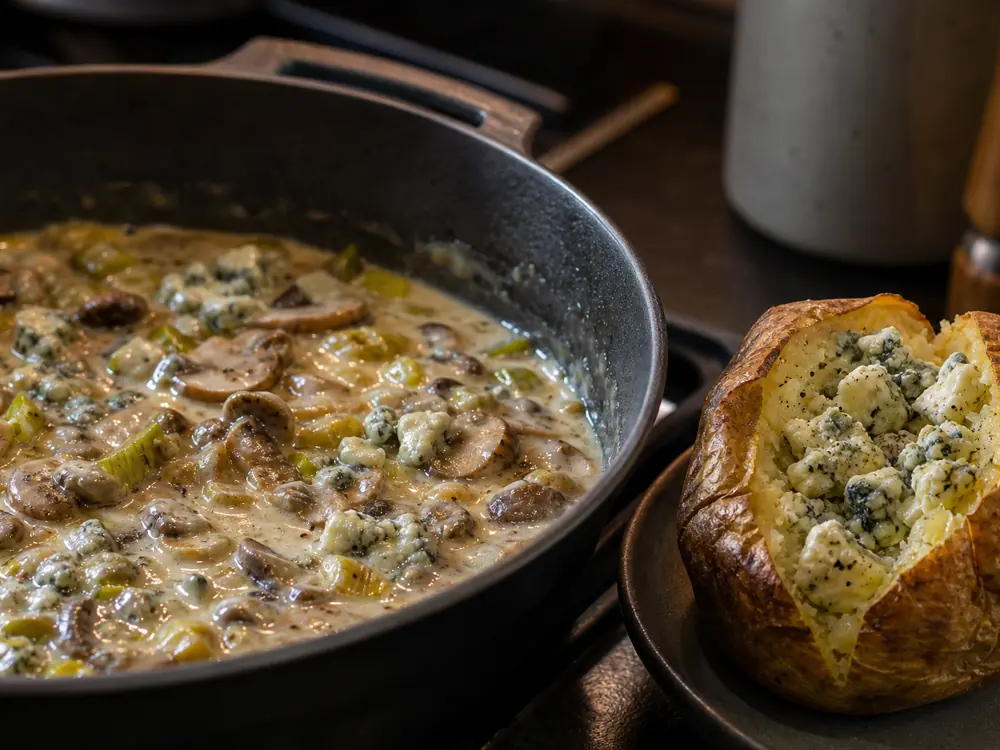 Cornish Blue melting into mushroom leek sauce beside a topped baked potato - Cornish Blue | KnowTheCheese