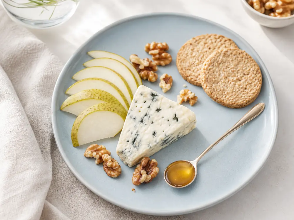 Cornish Blue wedge with pear walnuts oatcakes and a small spoon of honey - Cornish Blue | KnowTheCheese