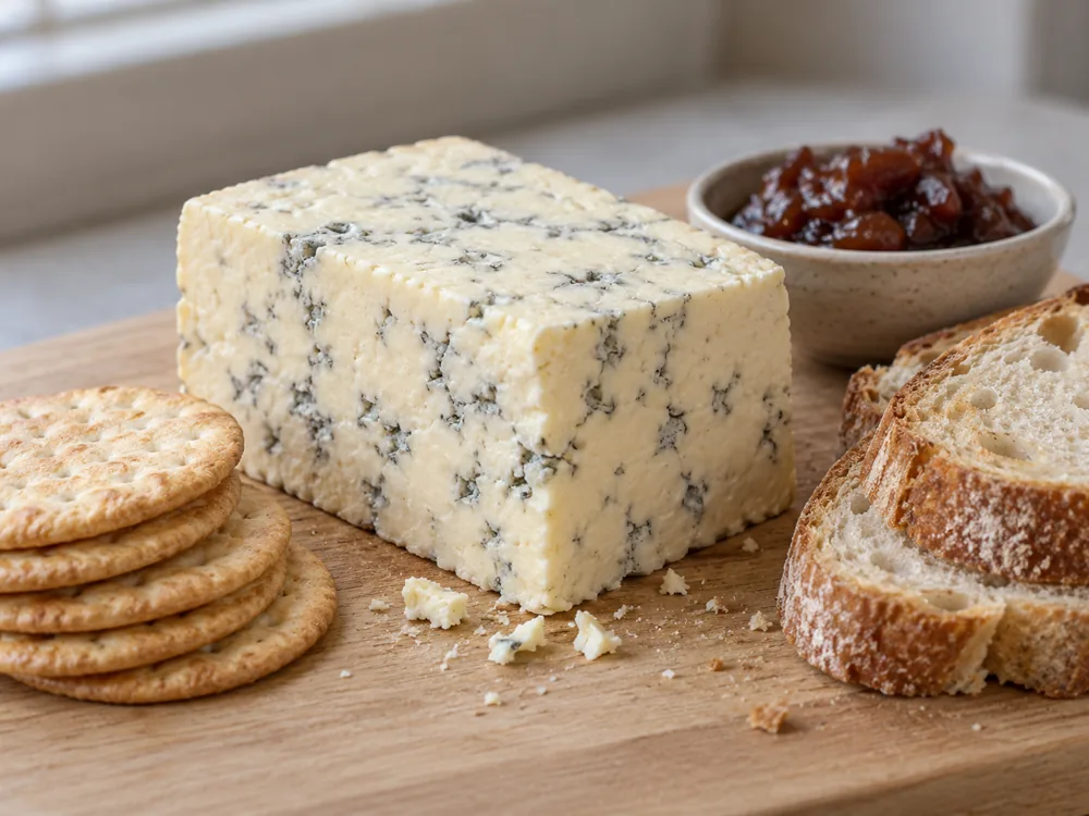 Block of blue-veined cheese with crackers, crusty bread and a bowl of chutney - Cornish Blue | KnowTheCheese