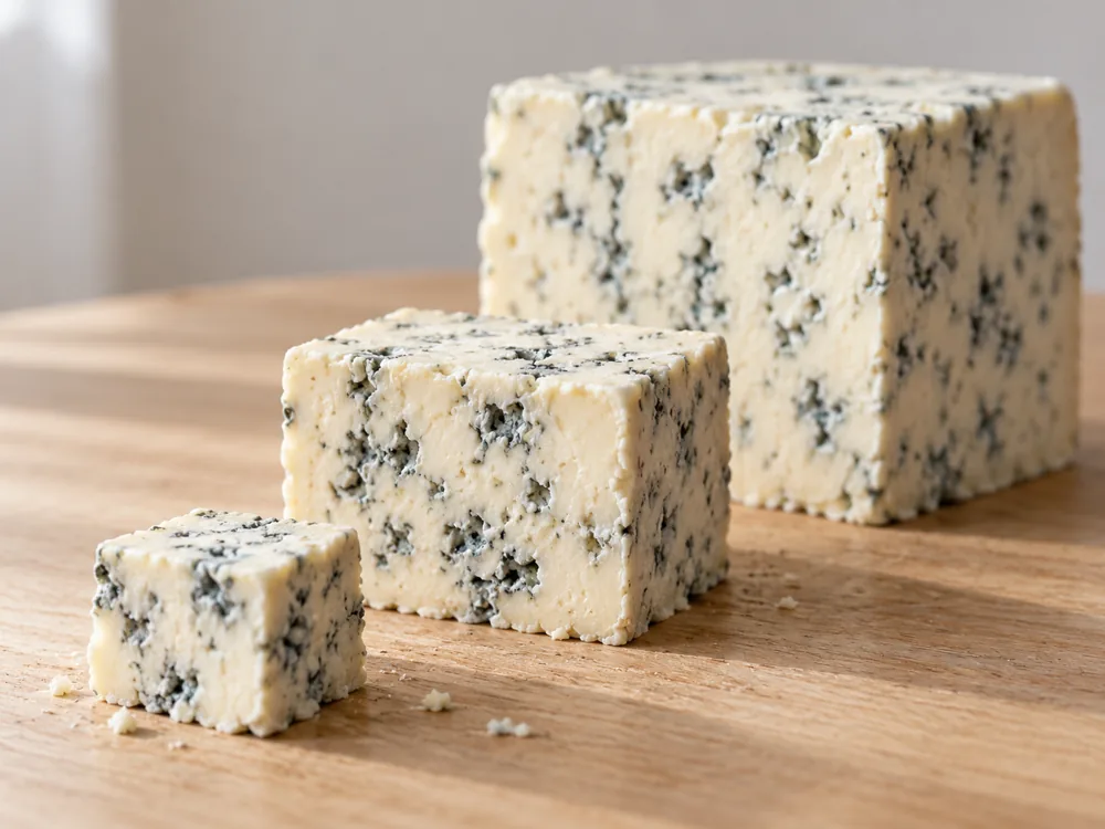 Three cut blocks of blue-veined cheese in rising sizes on a wooden table - Cornish Blue | KnowTheCheese