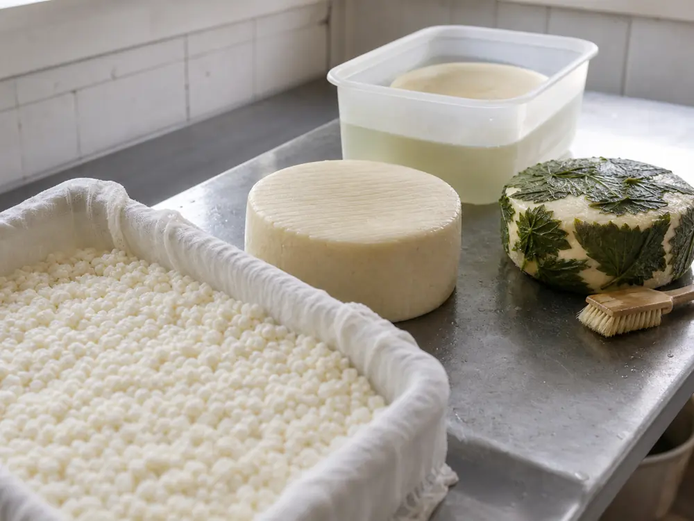 Curds pressing brining and nettle wrapping stages for Cornish Yarg - Cornish Yarg | KnowTheCheese