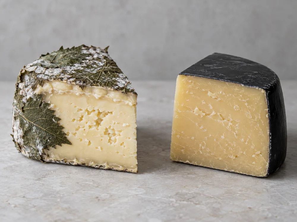 Cornish Yarg wedge with nettle leaves and white mould beside a black-waxed Cornish Kern wedge - Cornish Yarg | KnowTheCheese