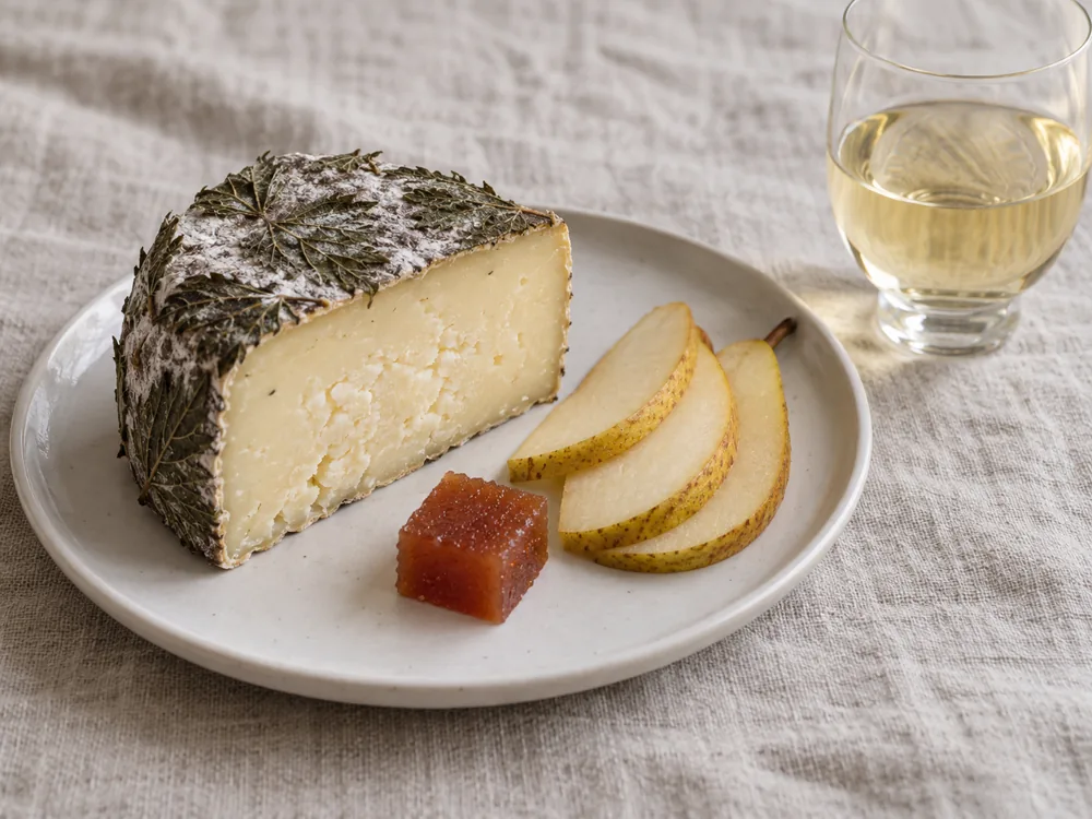 Cornish Yarg wedge with pear slices, quince and a glass of white wine - Cornish Yarg | KnowTheCheese