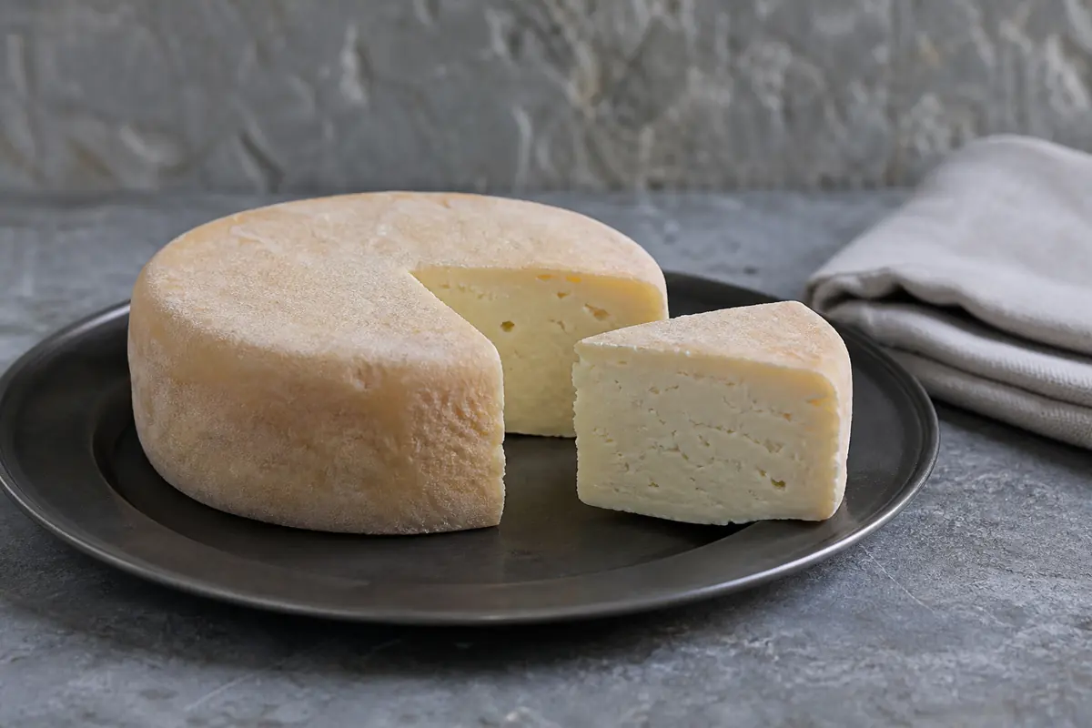 Cotherstone wheel and wedge with pale crumbly paste and thin rind | KnowTheCheese
