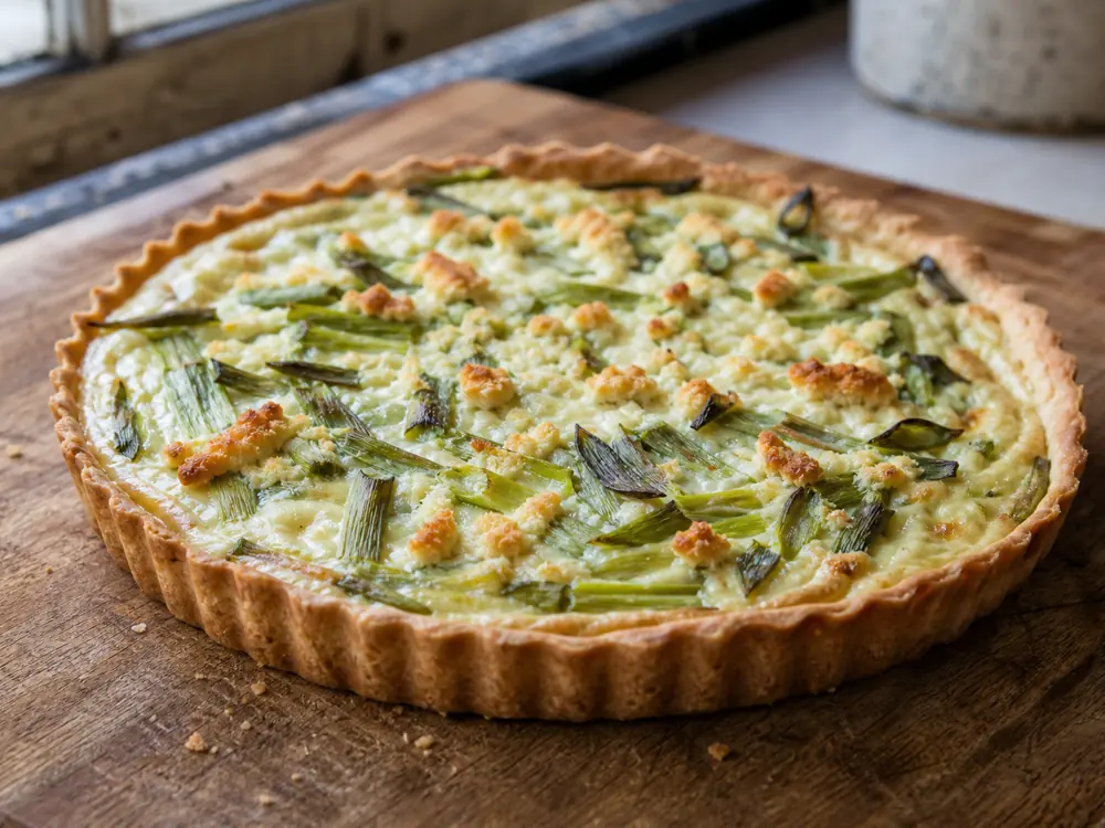 Cotherstone melted into a leek tart with lightly browned crumbs on top