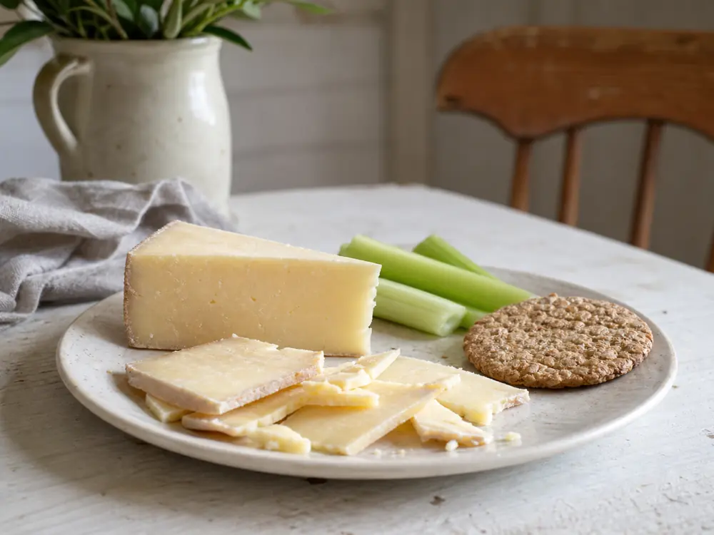 Cotherstone slices with oatcake and celery on a bright farmhouse table