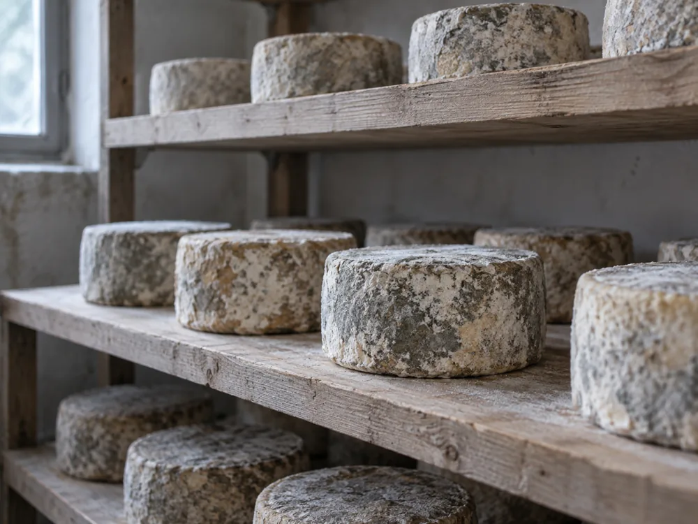 Round cheese wheels with grey mottled rinds on wooden shelves - Cotherstone | KnowTheCheese