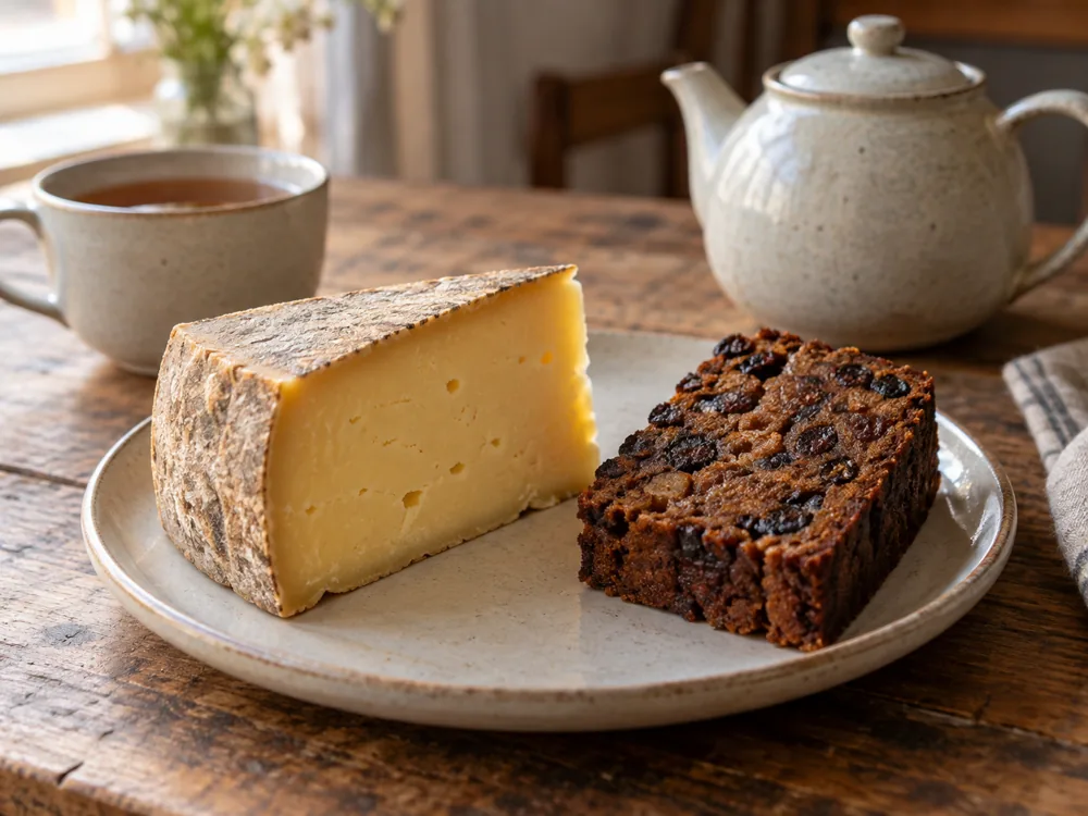 Wedge of yellow cheese beside fruitcake with a teapot and cup of tea - Cotherstone | KnowTheCheese