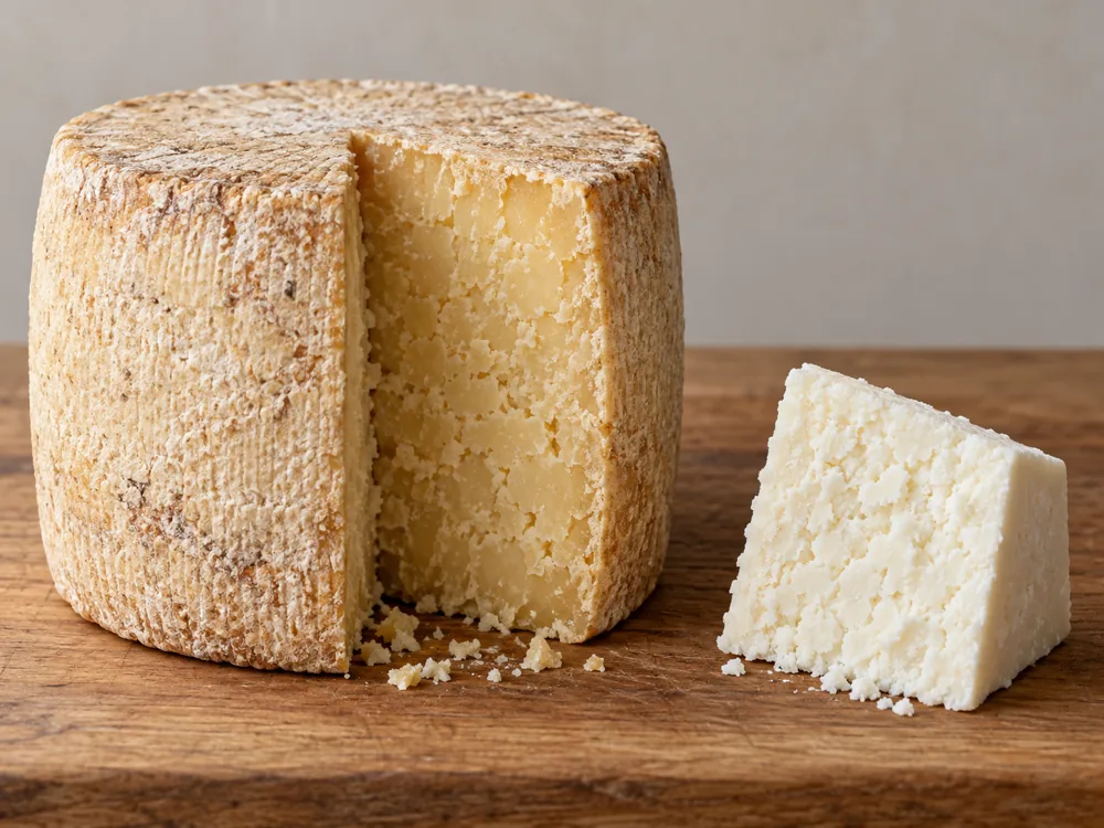Tall Cotija wheel with a natural crust and golden crumbly paste beside a small white wedge - Cotija Cheese | KnowTheCheese