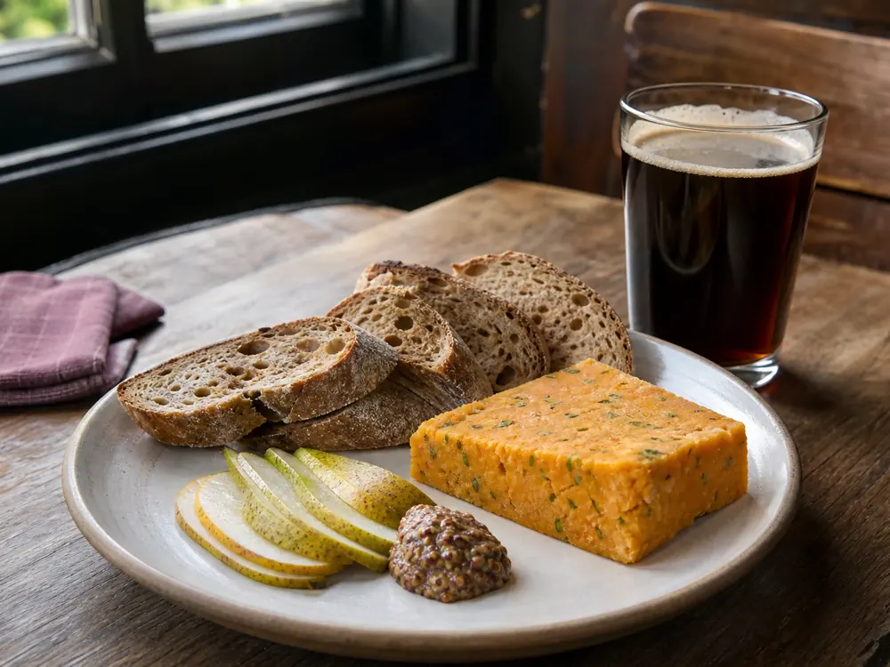 Cotswold with brown bread, pear, mustard, and dark ale on a pub table