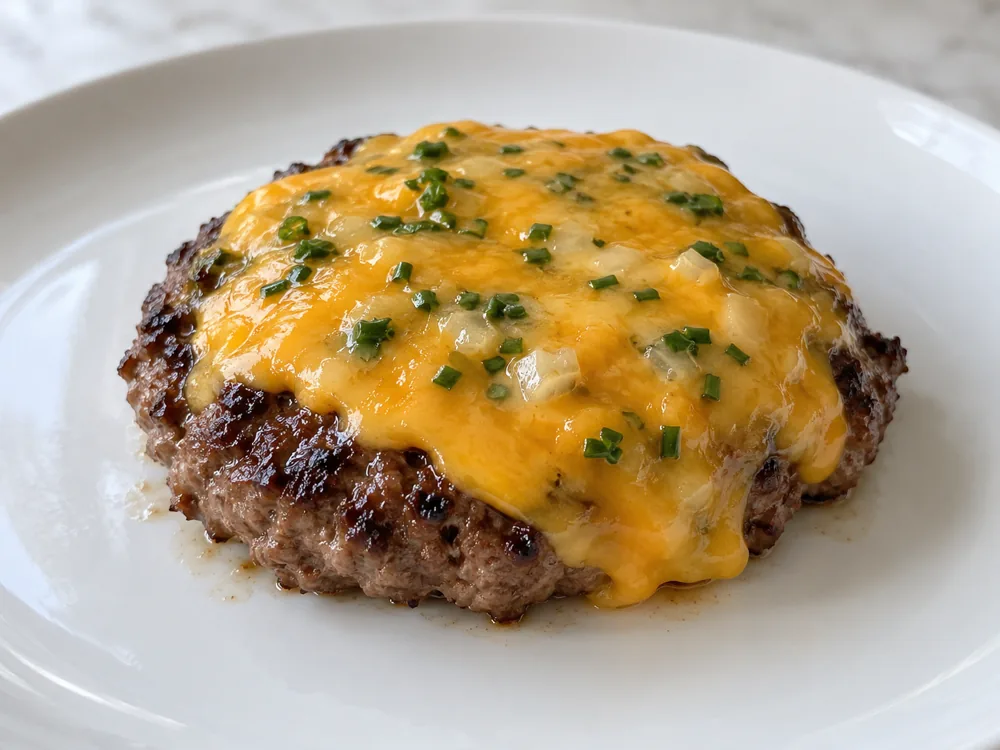 Illustration of a cooked burger patty topped with melted orange cheese, green chive pieces, and onion pieces - Cotswold | KnowTheCheese