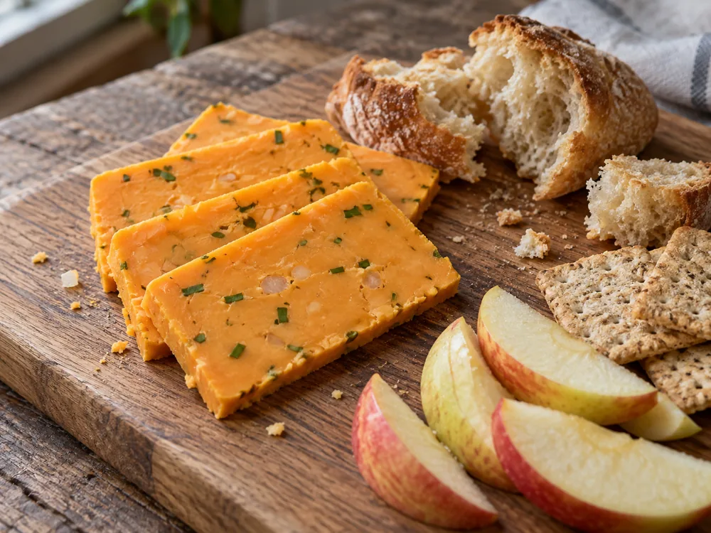 Illustration of sliced orange cheese with green flecks beside crusty bread, crackers, and apple slices - Cotswold | KnowTheCheese