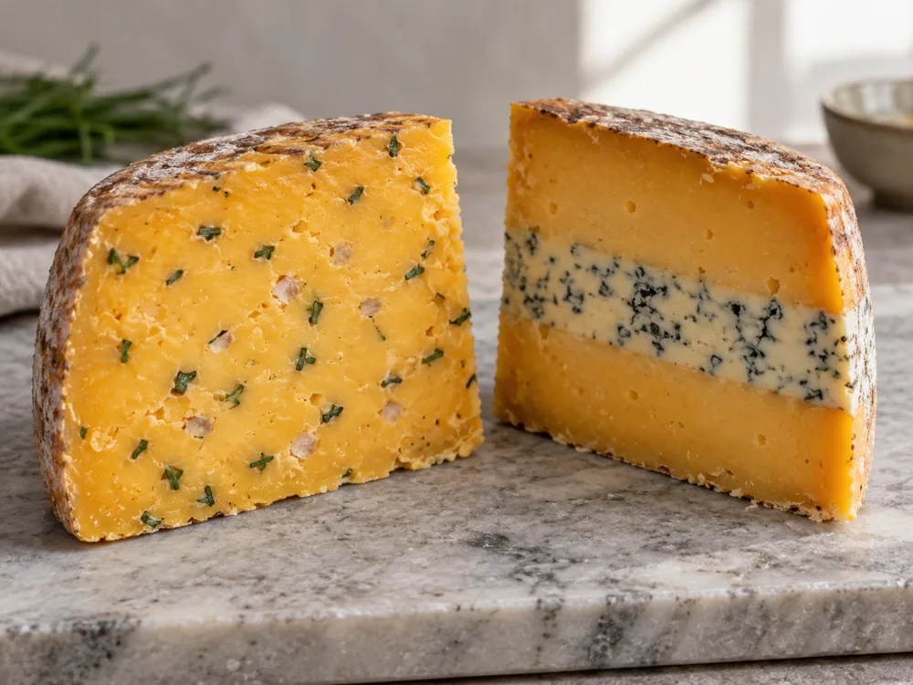 Illustration of two cut cheese wedges, one with green chive flecks and onion pieces and one with a blue-veined layer between orange layers - Cotswold | KnowTheCheese