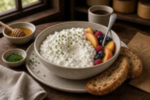 Cottage cheese with small white curds, fruit, toast, and chives - Cottage cheese | KnowTheCheese