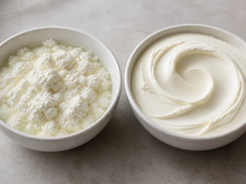 A bowl of loose cottage cheese curds beside a bowl of smooth yogurt - Cottage Cheese | KnowTheCheese
