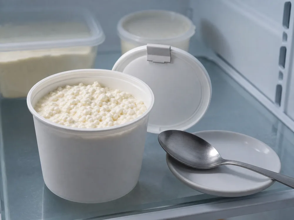 Opened cottage cheese tub with visible curds, clean spoon, and lid on a refrigerator shelf - Cottage Cheese | KnowTheCheese