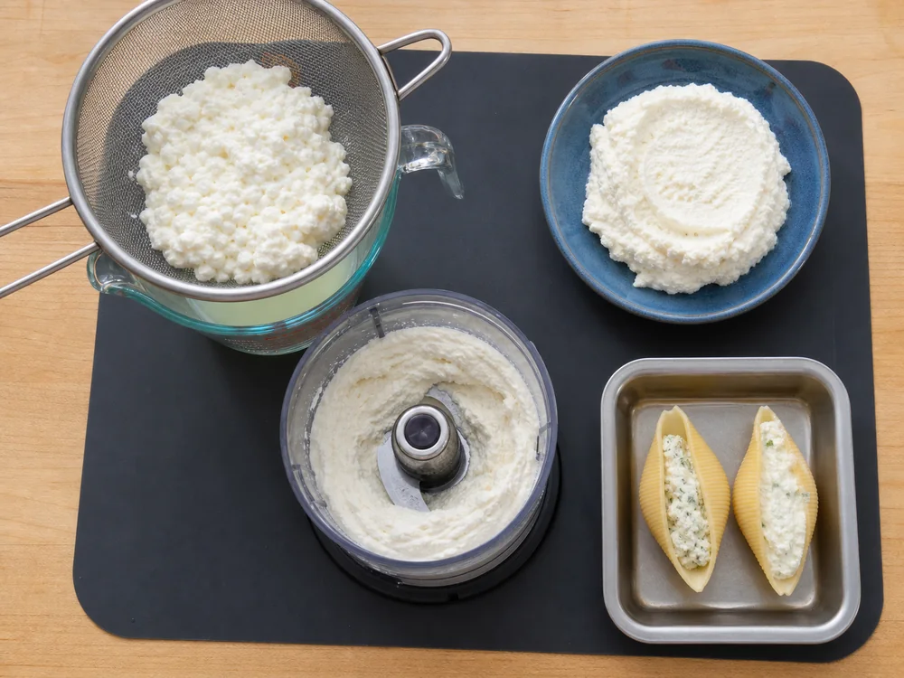Cottage cheese draining and blending beside ricotta and two filled pasta shells - Ricotta vs cottage cheese | KnowTheCheese