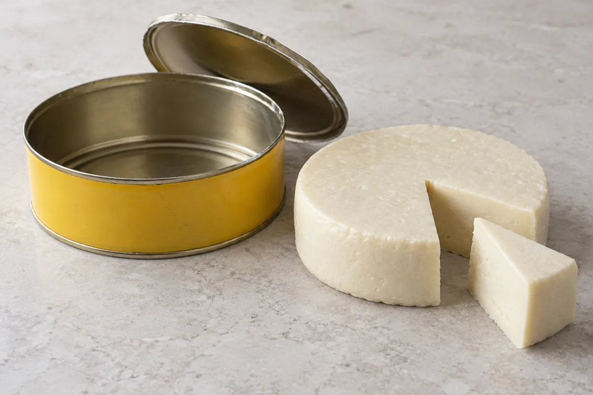 Squat yellow metal can with its lid lifted beside a round pale cheese block with a wedge cut - Cougar Gold | KnowTheCheese