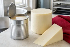 Pale white Cheddar cylinder and wedge beside an opened metal can | KnowTheCheese