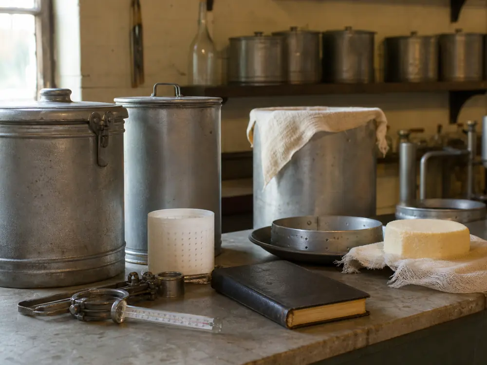 Plain metal cheese cans and dairy tools on a mid-century research bench