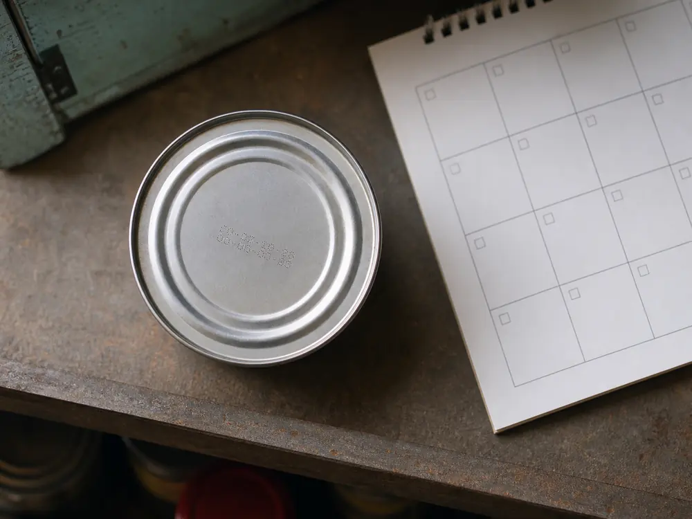 Plain metal can lid with a stamped manufacture date beside an aging calendar