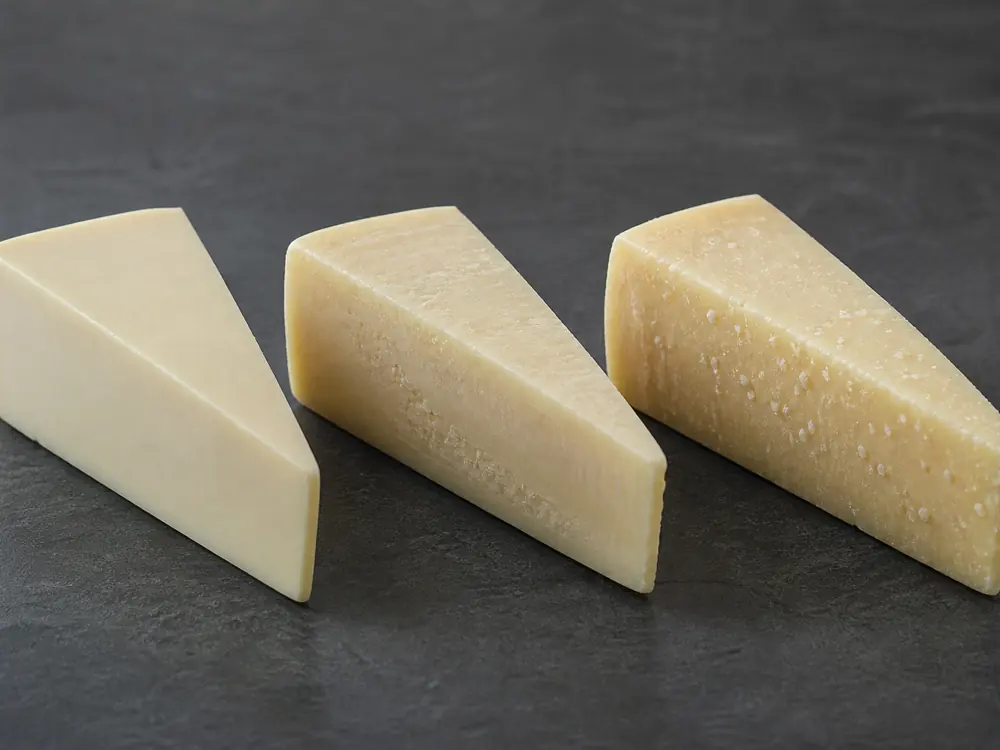 Three ages of white Cheddar progressing from smooth paste to small crystals