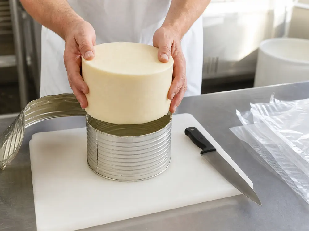 Cougar Gold cylinder being removed from a plain can for clean portioning