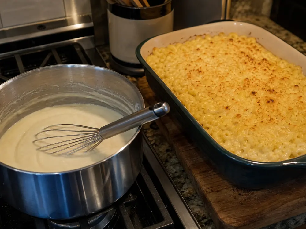 Smooth Cougar Gold sauce beside baked macaroni with a browned top