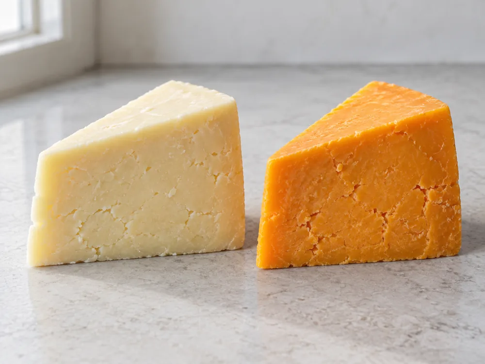 A pale cream-white cheddar wedge beside an orange cheddar wedge - Cougar Gold | KnowTheCheese