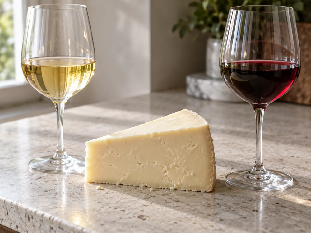 A pale cheese wedge between a glass of white wine and a glass of red wine - Cougar Gold | KnowTheCheese