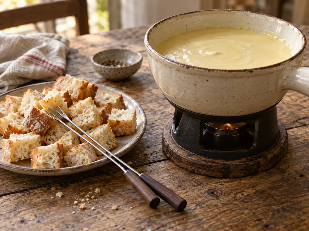 A ceramic fondue pot of smooth melted cheese beside a plate of bread cubes and fondue forks - Cougar Gold | KnowTheCheese