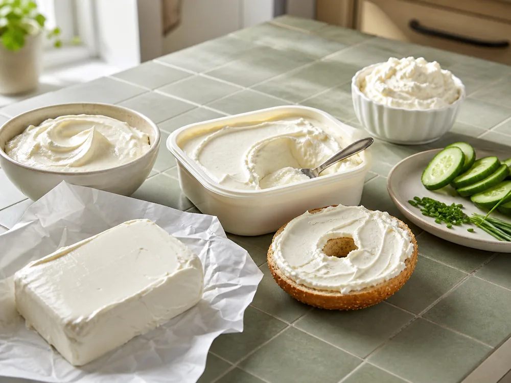 Dense cream cheese brick, softer tub-style spread, and airy whipped cream cheese on a green tile counter - Cream Cheese | KnowTheCheese