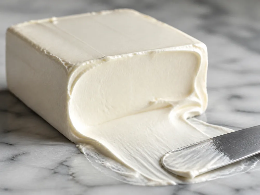 Smooth cream cheese brick with a clean spatula spread - Cream Cheese | KnowTheCheese