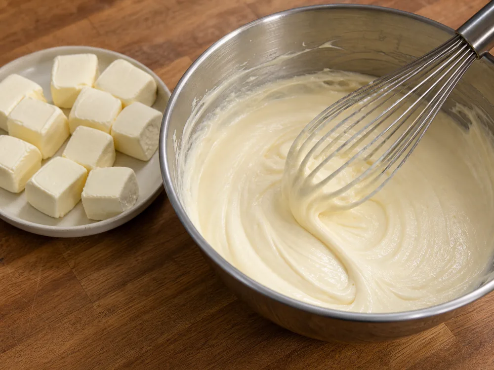 Softened cream cheese beside smooth lump-free cheesecake batter - Cream Cheese | KnowTheCheese