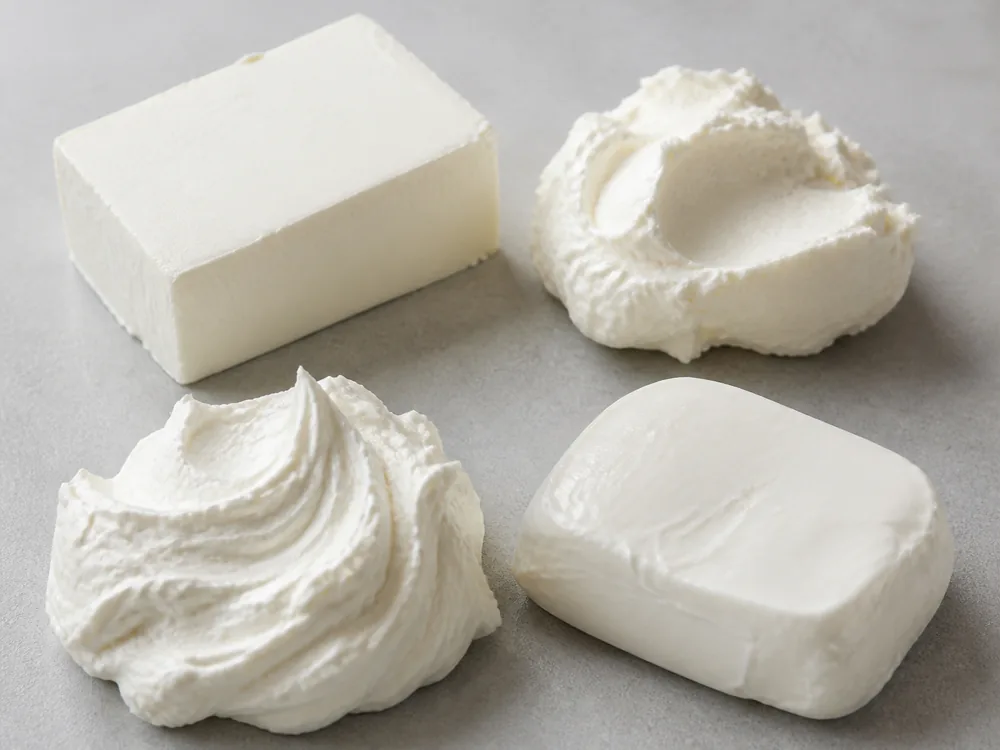 Four cream cheese formats: a firm block, a tub scoop, a whipped mound and a softer block - Cream Cheese | KnowTheCheese