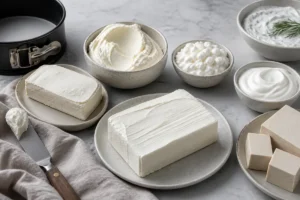 Cream cheese blocks with mascarpone, cottage cheese, Greek yogurt, and silken tofu arranged by recipe structure - Cream cheese substitutes | KnowTheCheese