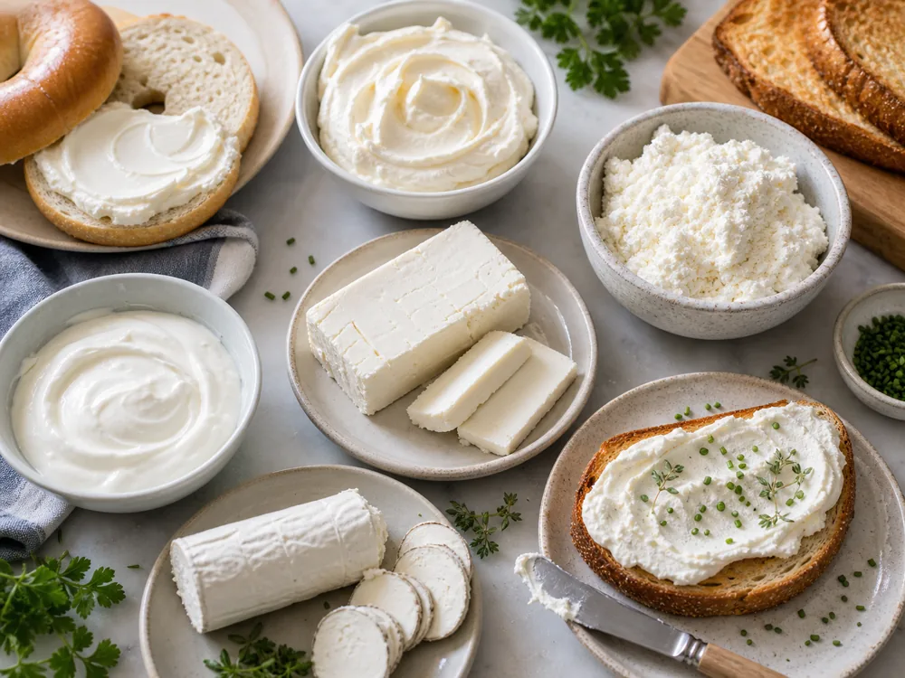 Cream cheese substitute bowls with mascarpone-style cream, ricotta, yogurt, goat cheese, and whipped spread on toast