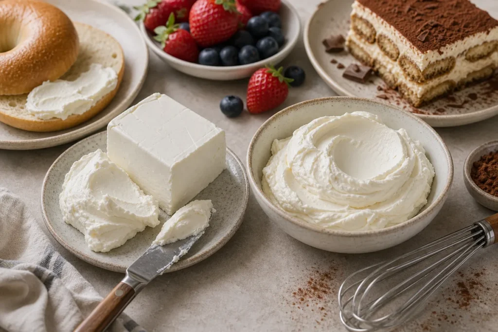 Cream cheese block and mascarpone bowl with breakfast and dessert cues.