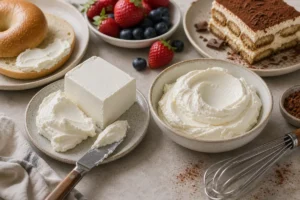 Cream cheese block and mascarpone bowl with breakfast and dessert cues.
