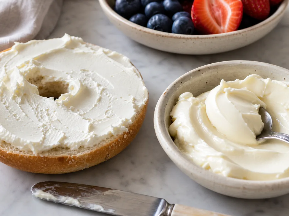 Cream cheese spread on a bagel beside soft mascarpone in a bowl.