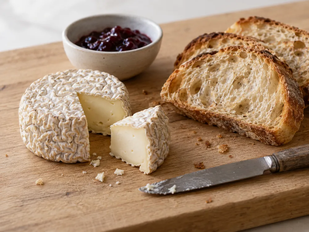 Illustration of a small cut cheese with wrinkled rind beside crusty bread and a bowl of jam - Cremont cheese | KnowTheCheese