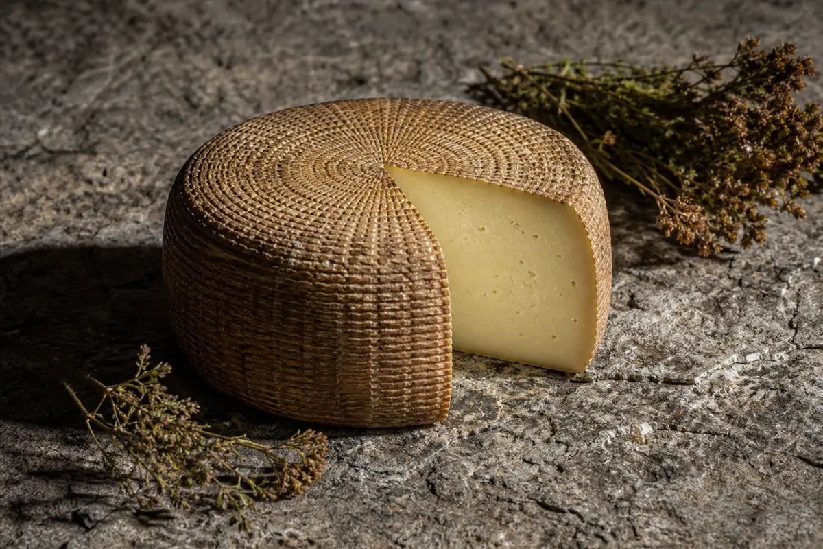 Basket-marked aged sheep cheese wheel with compact pale paste - Pecorino Crotonese | KnowTheCheese