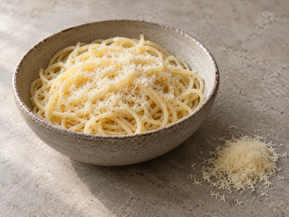 Plain pasta topped with finely grated sheep milk cheese in a bowl - Pecorino Crotonese | KnowTheCheese