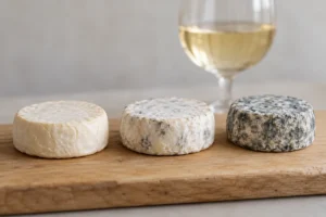 Three small flat Crottin de Chavignol cheeses, from an ivory rind to a rind covered in blue-grey mould, with a glass of white wine - Crottin de Chavignol