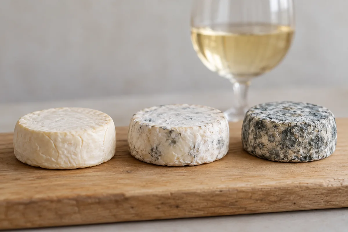 Three small flat Crottin de Chavignol cheeses, from an ivory rind to a rind covered in blue-grey mould, with a glass of white wine - Crottin de Chavignol