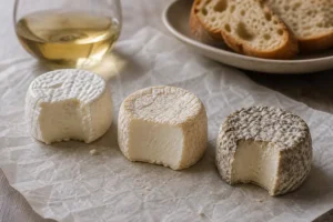 Three Crottin-style goat cheese pucks at young, demi-sec, and aged stages - Crottin de Chavignol | KnowTheCheese